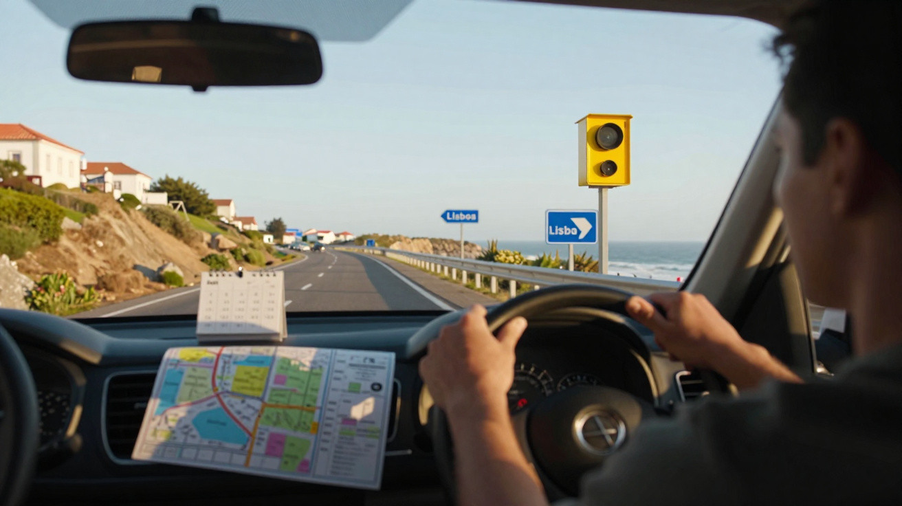 Homem dirigindo carro na estrada próxima ao mar, com mapa e calendário sobre o capô.
