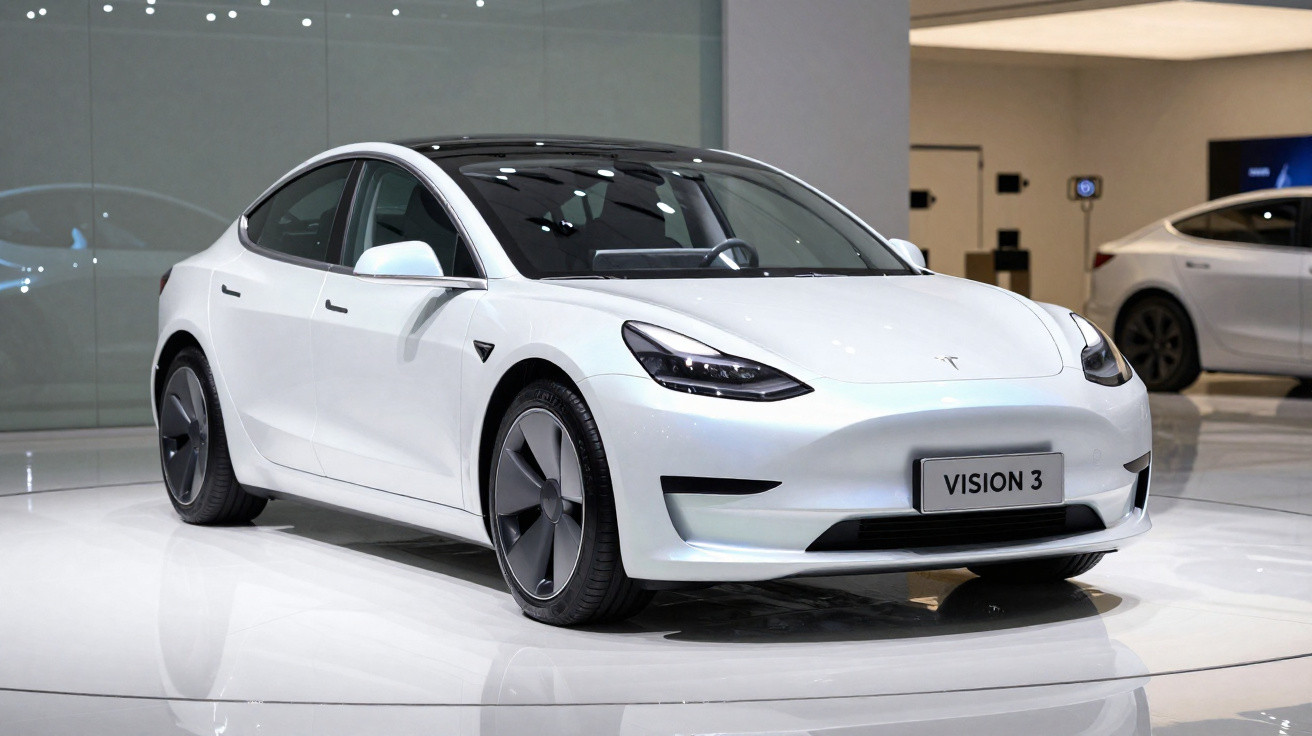 Carro elétrico branco Tesla Vision 3 exposto em salão com fundo cinza e outro carro ao fundo.
