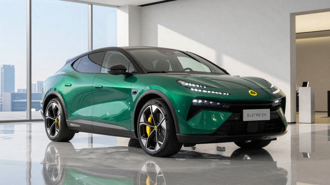 Carro elétrico verde Eletre EV em showroom moderno com piso espelhado e janelas amplas.