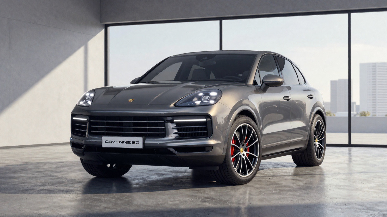 SUV Porsche Cayenne 2020 cinza estacionado em ambiente interno com janelas grandes ao fundo.