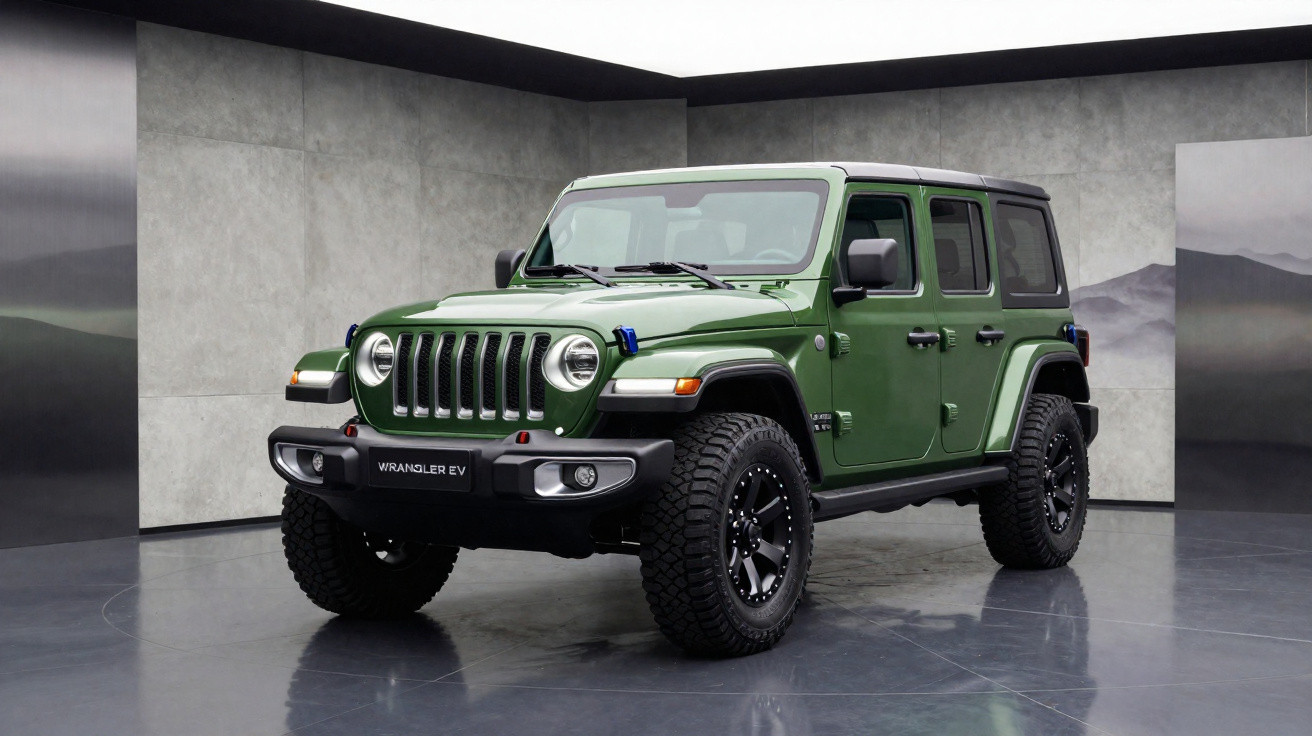 Jeep Wrangler EV verde em estúdio com parede cinza e painel com imagem de montanhas.