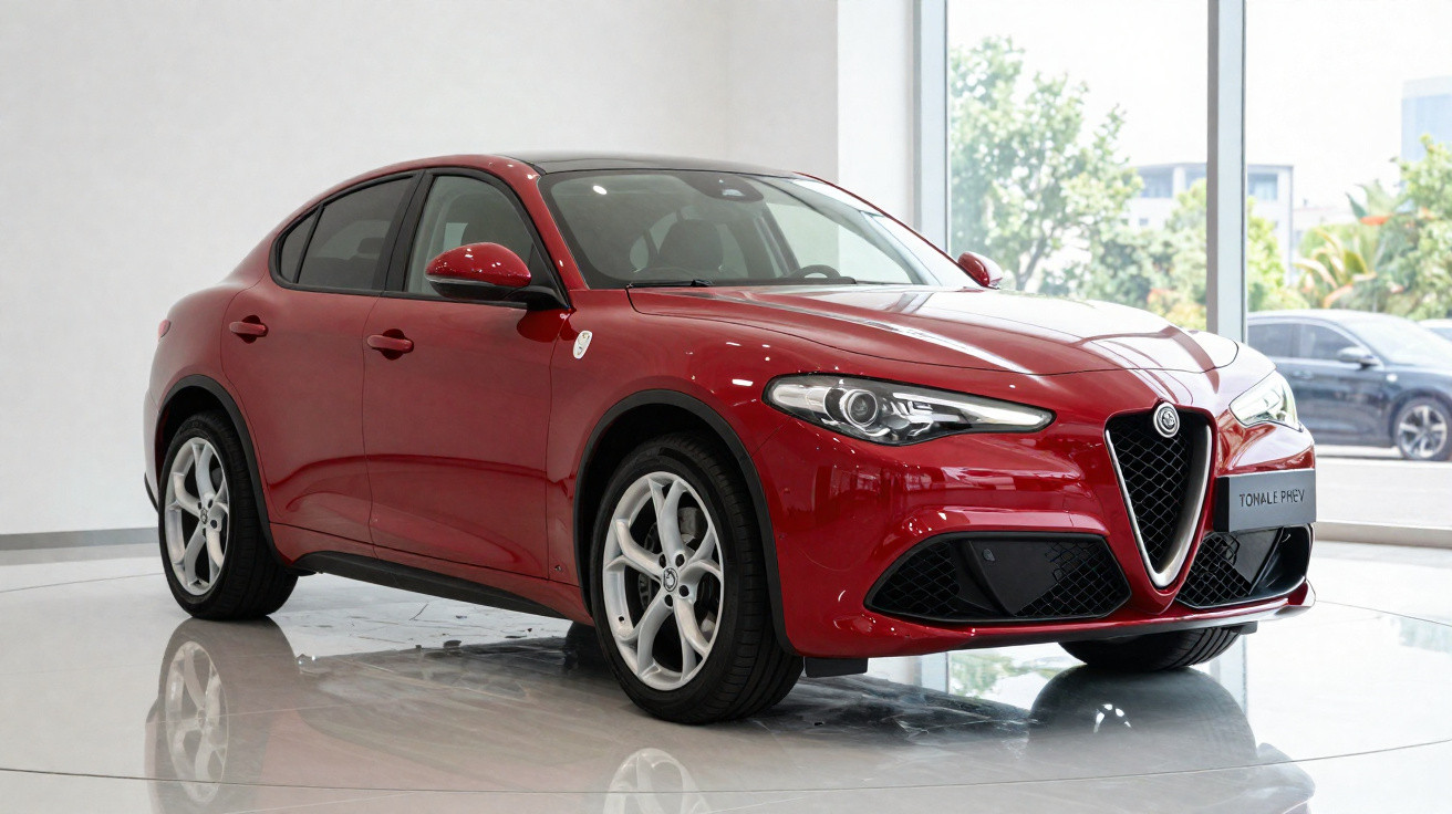 Carro SUV Alfa Romeo Tonale vermelho em exposição dentro de showroom moderno com janelas grandes.