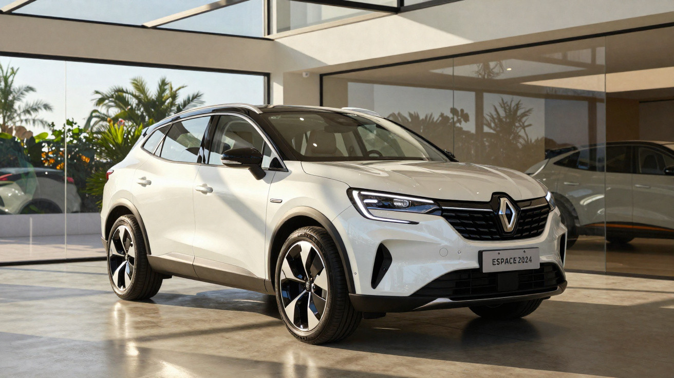Renault Espace 2024 branco estacionado em área interna moderna com teto aberto para luz natural.