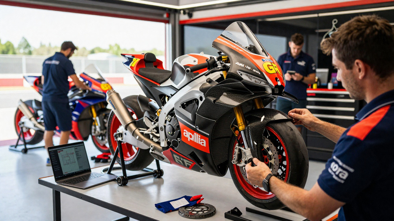 Oficina com mecânico trabalhando em moto esportiva Aprilia com peças e laptop sobre a mesa.