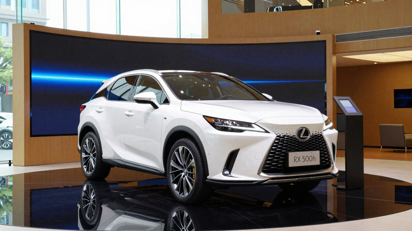 Carro Lexus RX 500h branco exposto em showroom moderno com iluminação natural e digital.