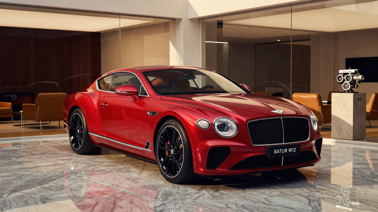 Carro esportivo vermelho Bentley Batur W12 em ambiente moderno com piso de mármore refletivo.