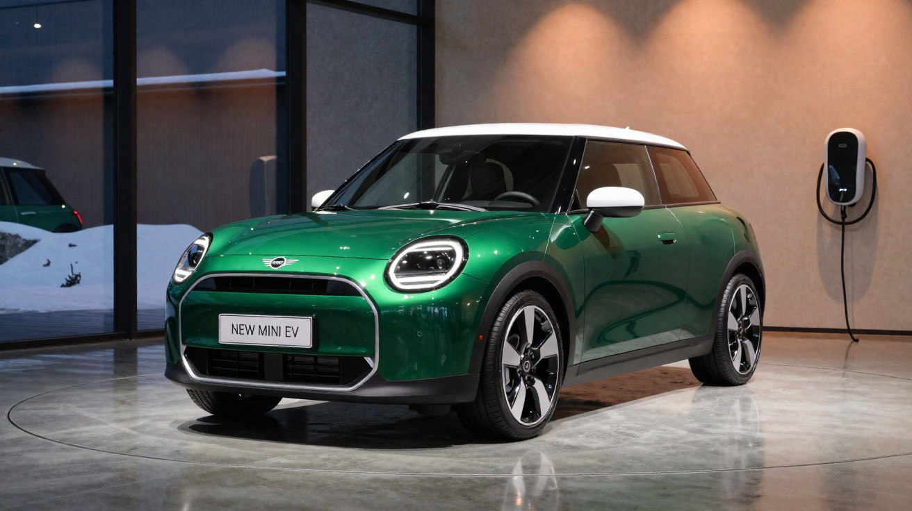 Carro elétrico MINI EV verde com teto branco, estacionado em ambiente interno ao lado de carregador.