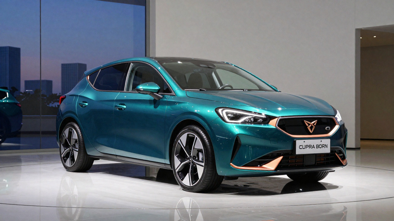 Carro elétrico Cupra Formentor azul metálico em exibição em ambiente interno moderno.