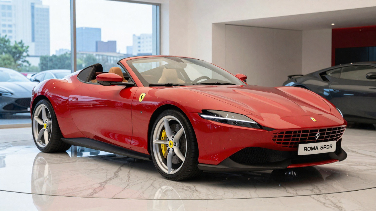 Carro esportivo conversível Ferrari Roma Spider vermelho em showroom com teto aberto.