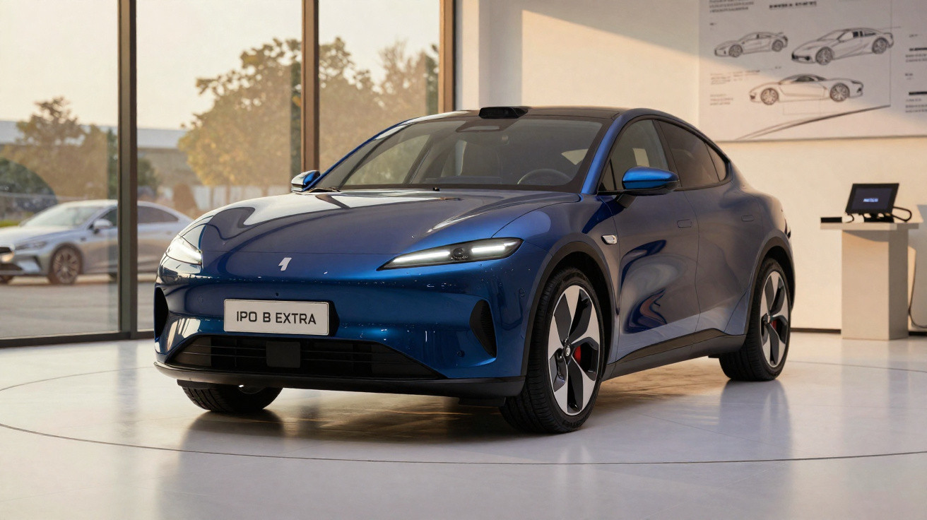 Carro elétrico esportivo azul estacionado em ambiente interno moderno, com detalhes aerodinâmicos e rodas estilizadas.