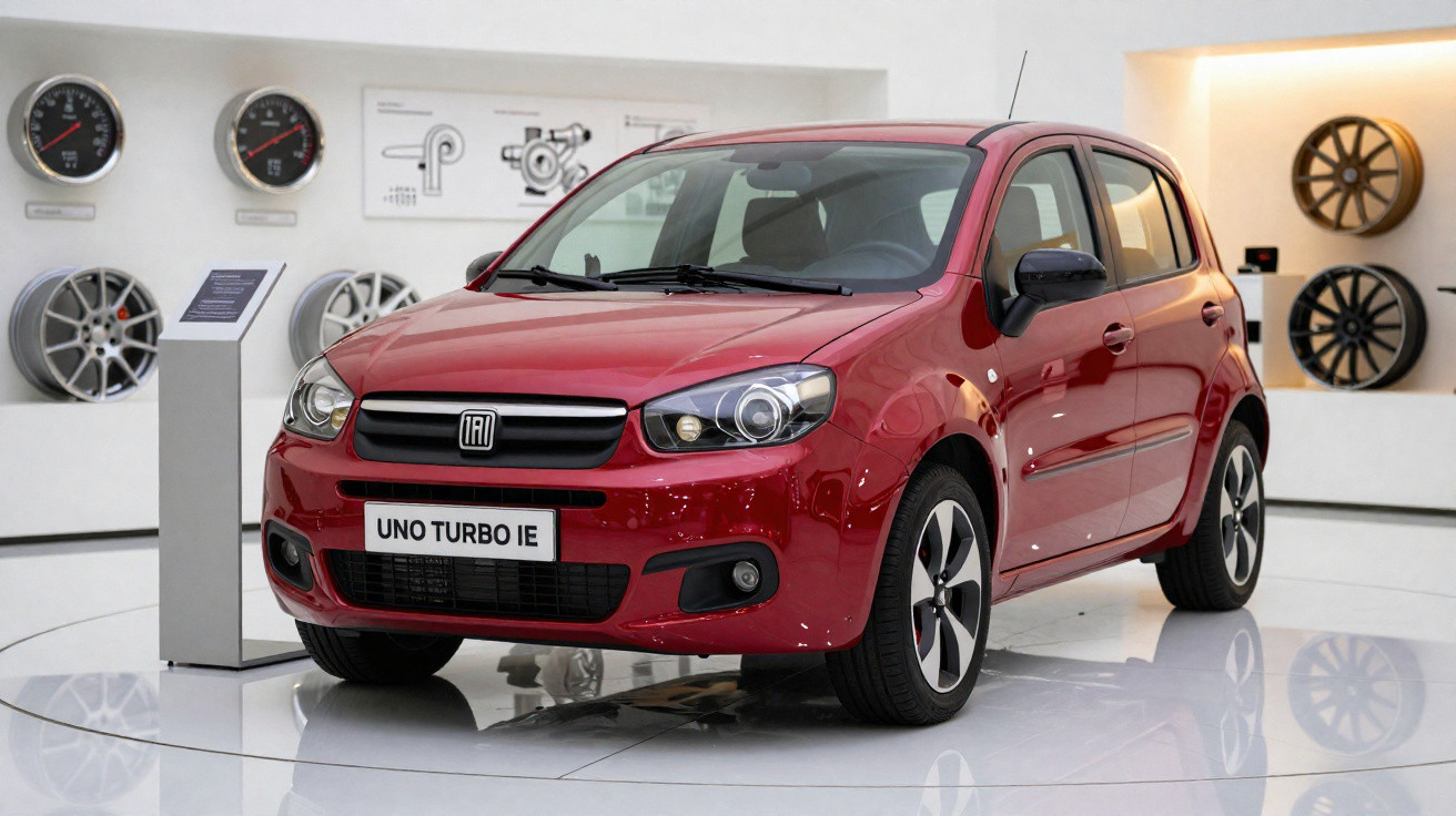 Carro vermelho Fiat Uno Turbo IE exposto em museu com peças automotivas ao fundo.