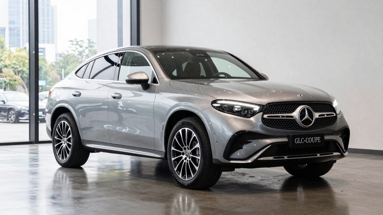 Mercedes-Benz GLC Coupé cinza estacionado em ambiente interno com janela ao fundo.