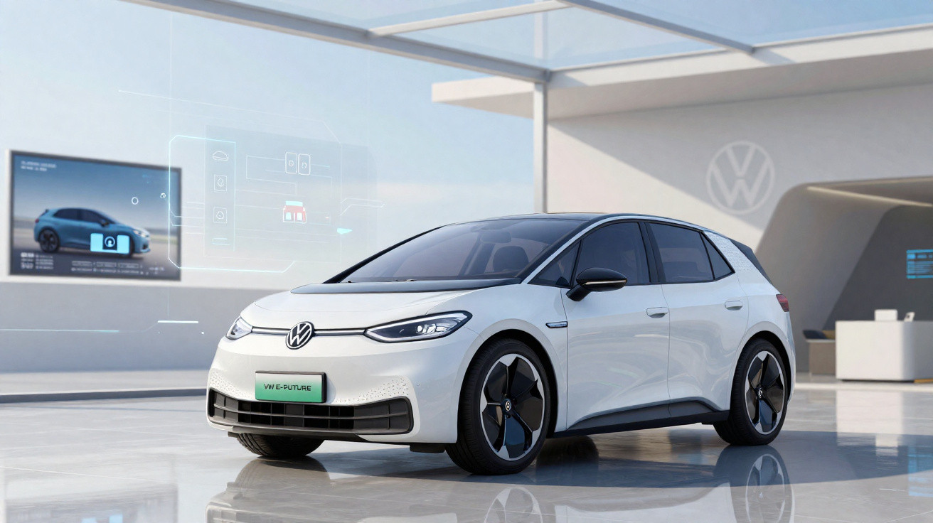 Carro elétrico branco Volkswagen ID.3 exposto em showroom moderno com logo VW ao fundo.