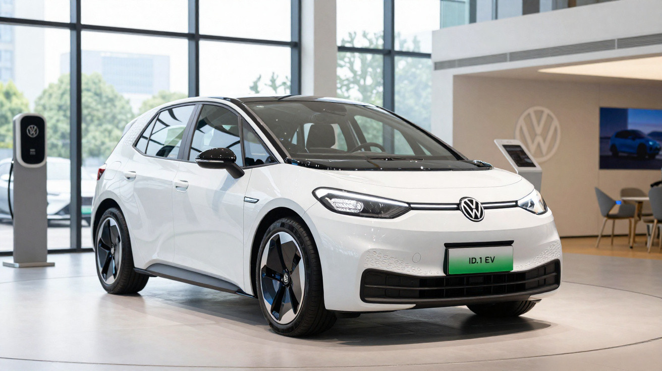 Carro elétrico branco Volkswagen ID.1 EV exposto em showroom moderno com ventilação natural e iluminação interna.