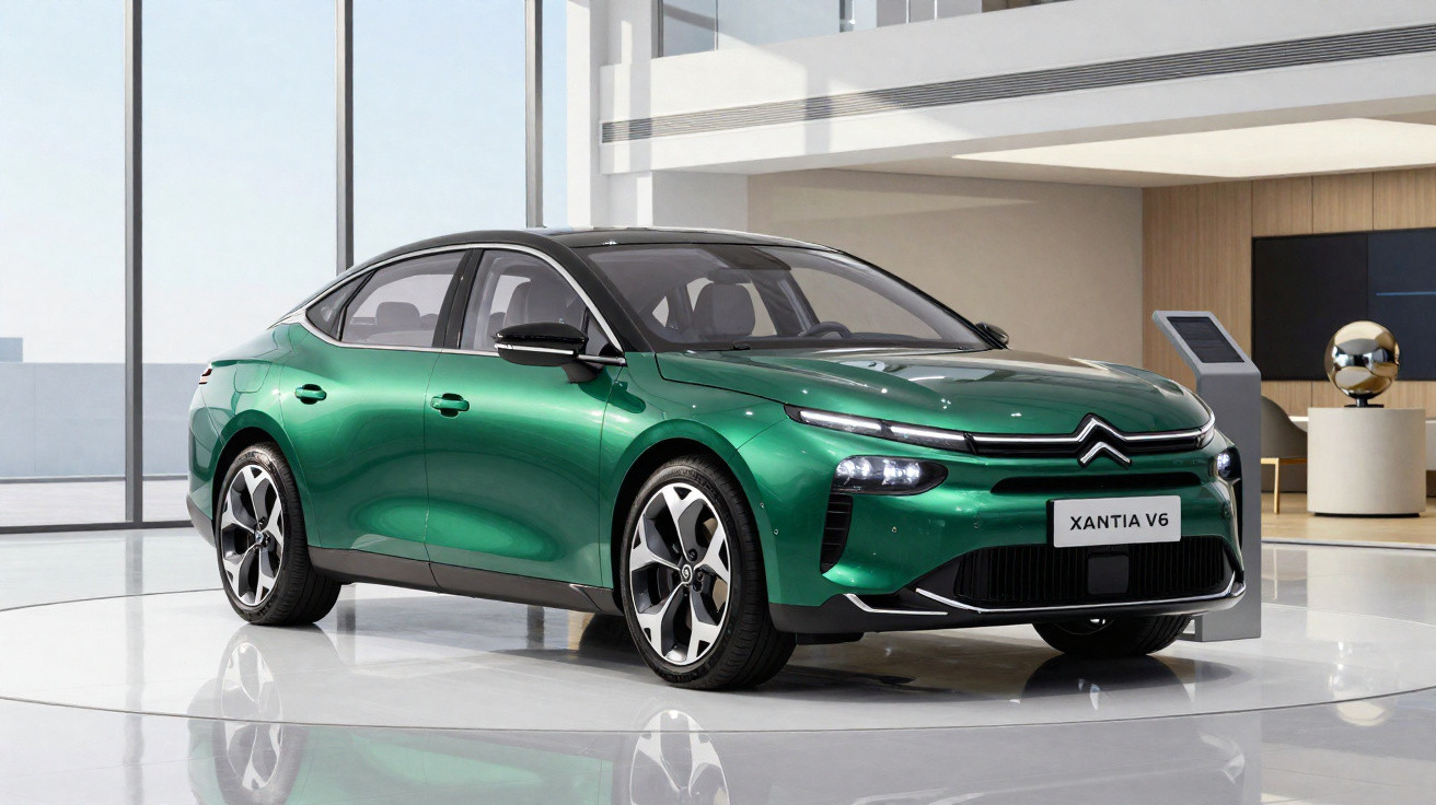 Carro Citroën Xantia V6 verde exposto em showroom moderno com espaço amplo e iluminação natural.