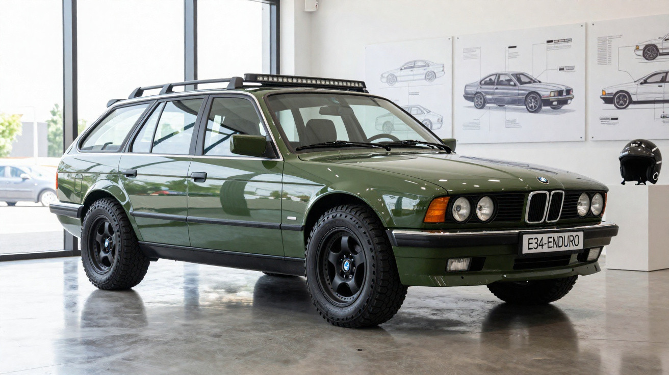 Carro BMW E34 Enduro verde militar, estilo perua, pneus off-road, em exposição interna com planta baixa ao fundo.