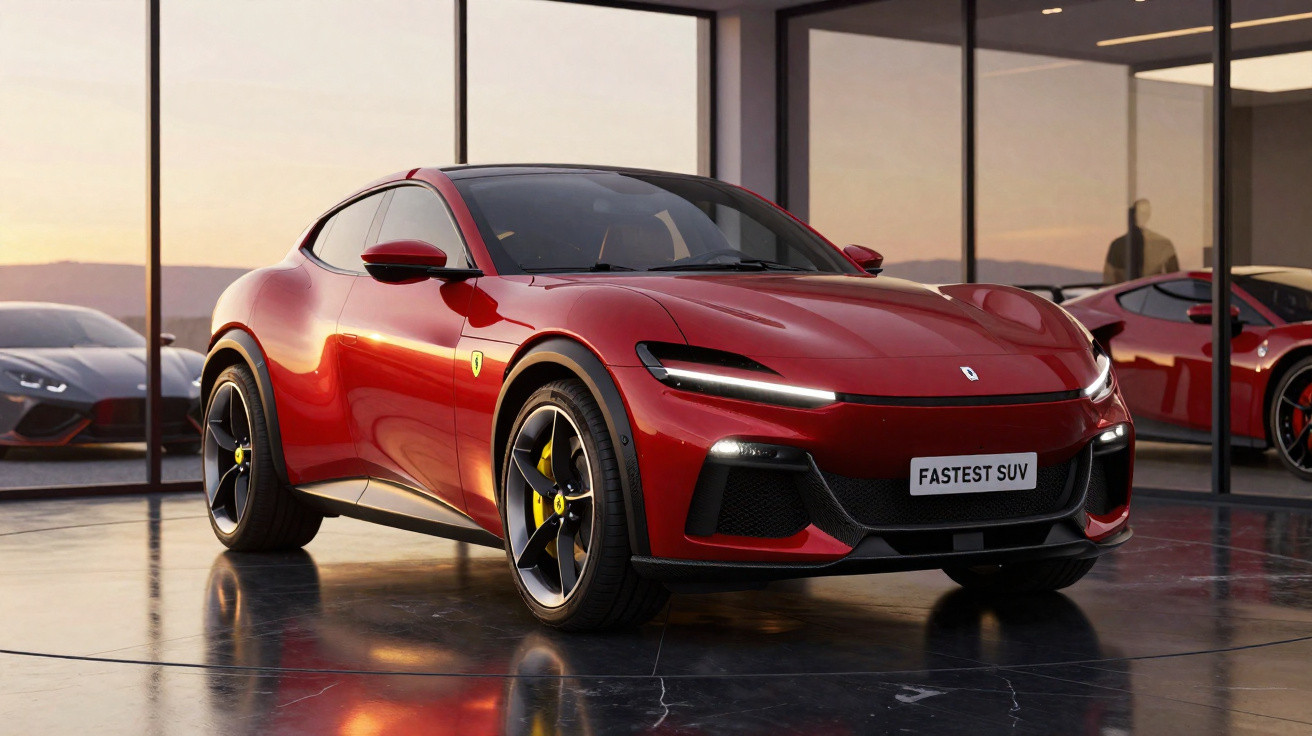 SUV esportivo vermelho Ferrari em showroom moderno com vidro e reflexos no chão polido.