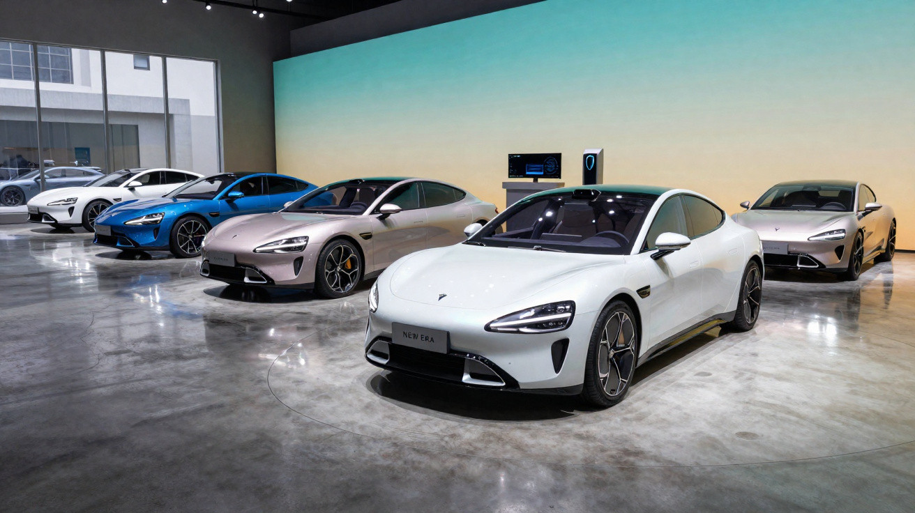 Quatro carros elétricos modernos estacionados em showroom com estações de recarga na parede.