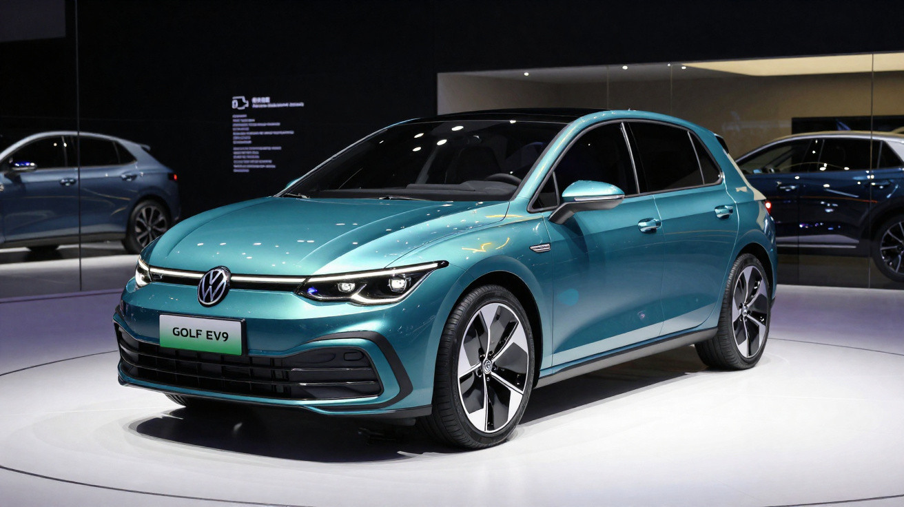 Carro Volkswagen Golf EV9 azul exibido em salão, com design moderno e rodas esportivas.