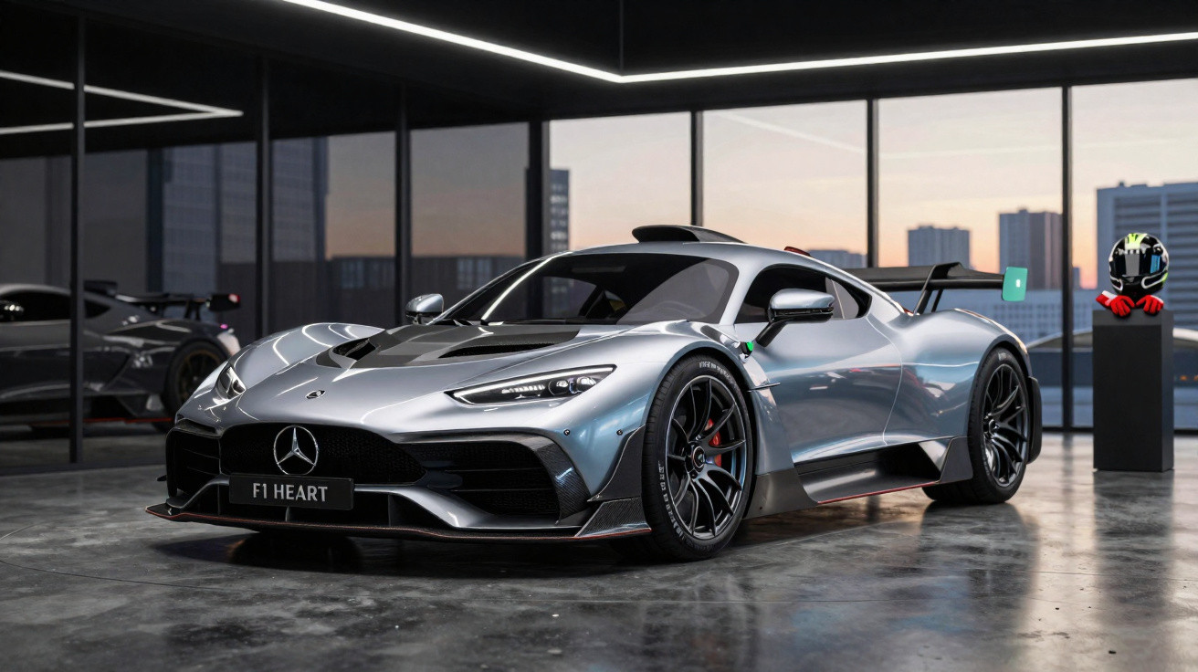 Carro esportivo Mercedes-Benz prata com design aerodinâmico exposto em ambiente moderno à noite.