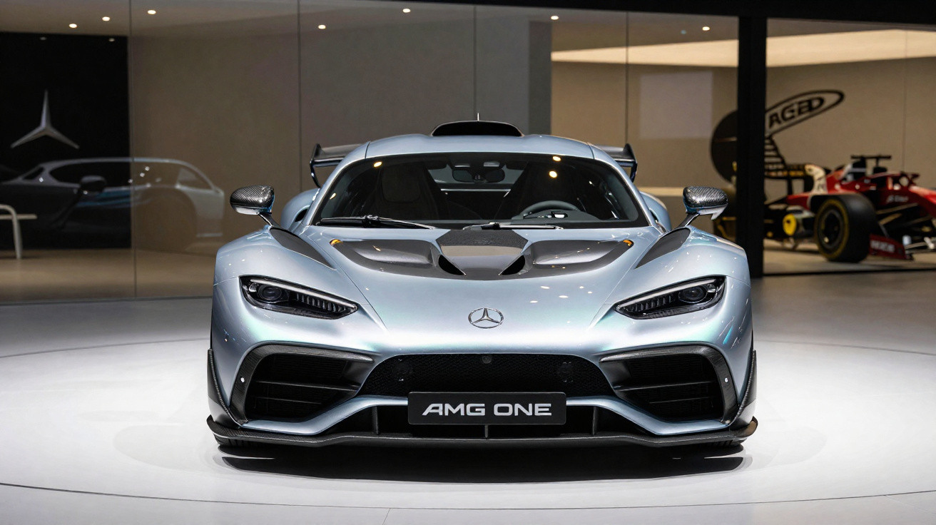Carro esportivo Mercedes AMG One prata exibido em salão moderno com reflexos no capô.