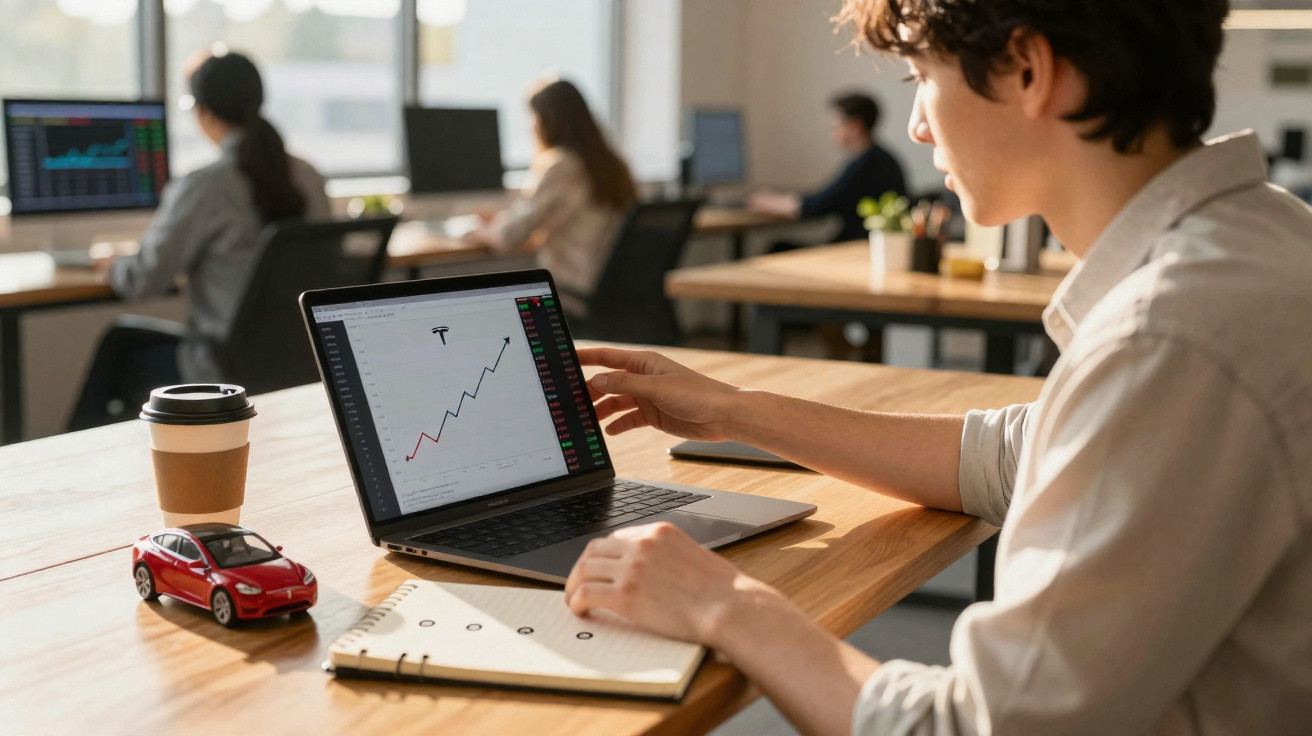 Homem jovem analisa gráficos financeiros em laptop e tablet em escritório com outras pessoas ao fundo.
