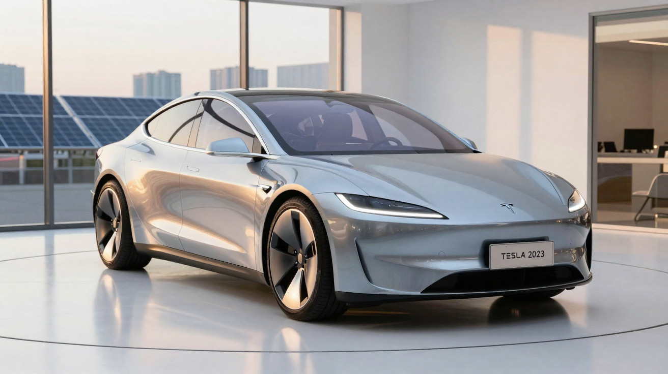 Carro elétrico Tesla sedã prata em salão moderno com painéis solares visíveis ao fundo.
