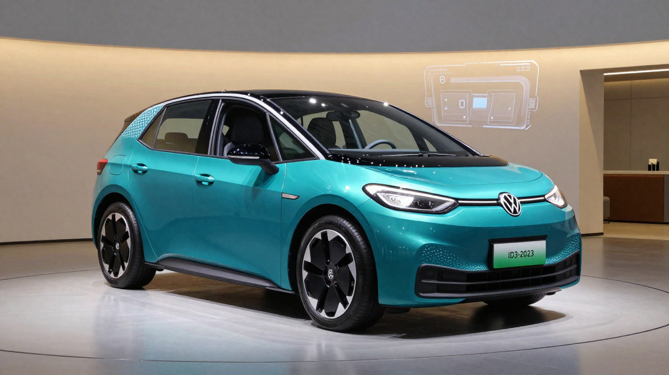 Carro elétrico Volkswagen ID.3 azul exibido em ambiente interno moderno, vista frontal e lateral direita.
