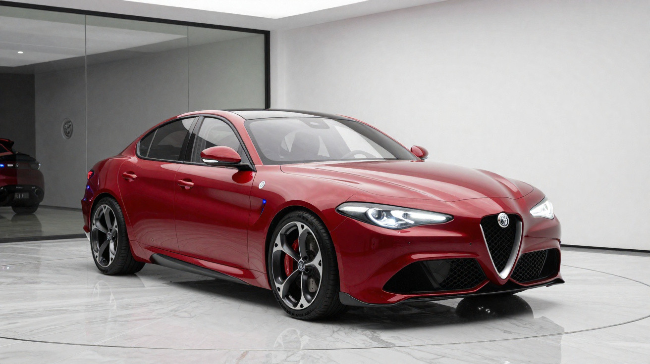 Carro esportivo vermelho Alfa Romeo Giulia estacionado em ambiente interno moderno com piso de mármore.