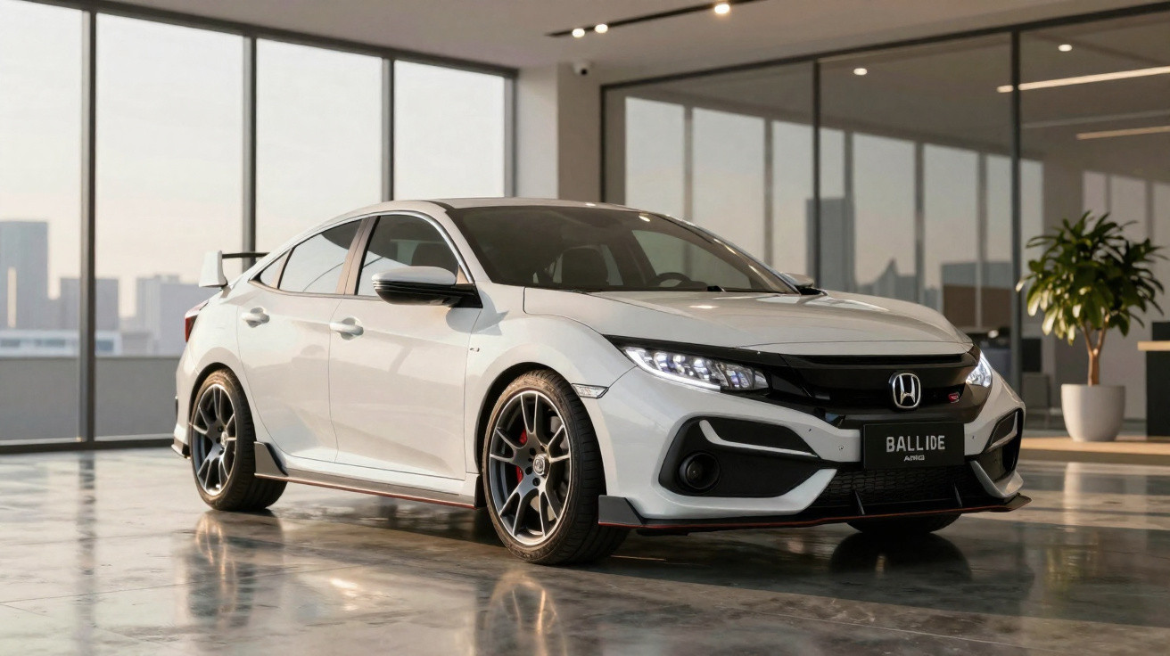 Carro esportivo branco Honda Ballade AMG estacionado em ambiente interno com janelas grandes.