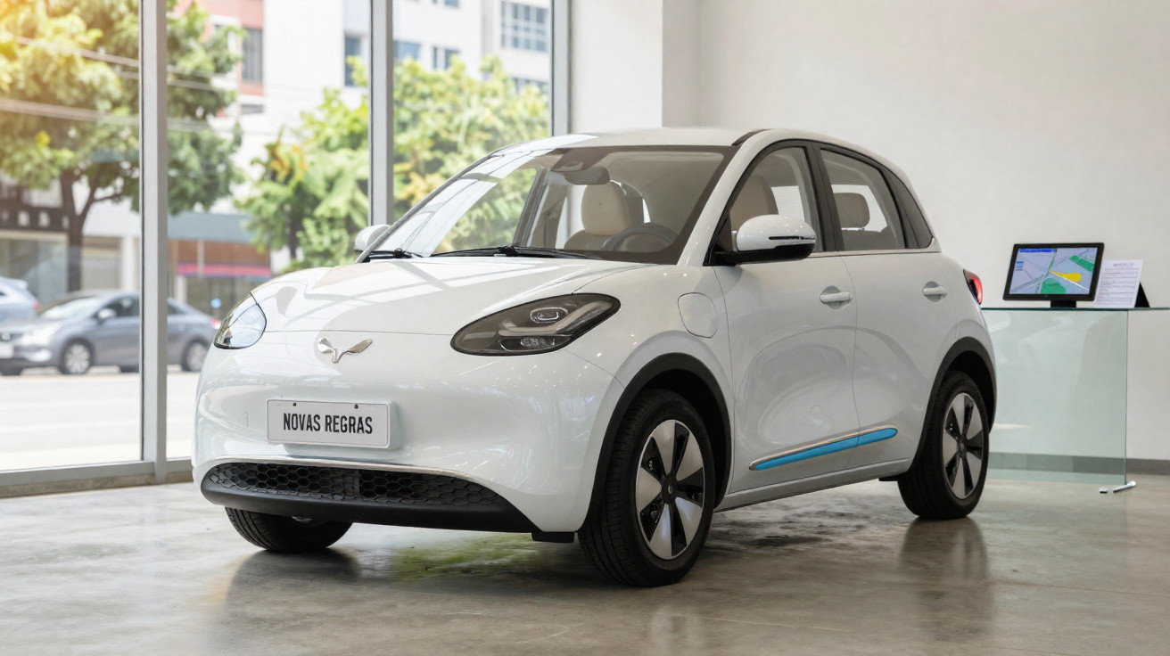 Carro elétrico branco exibido em showroom moderno com placa escrita "Novas Regras".