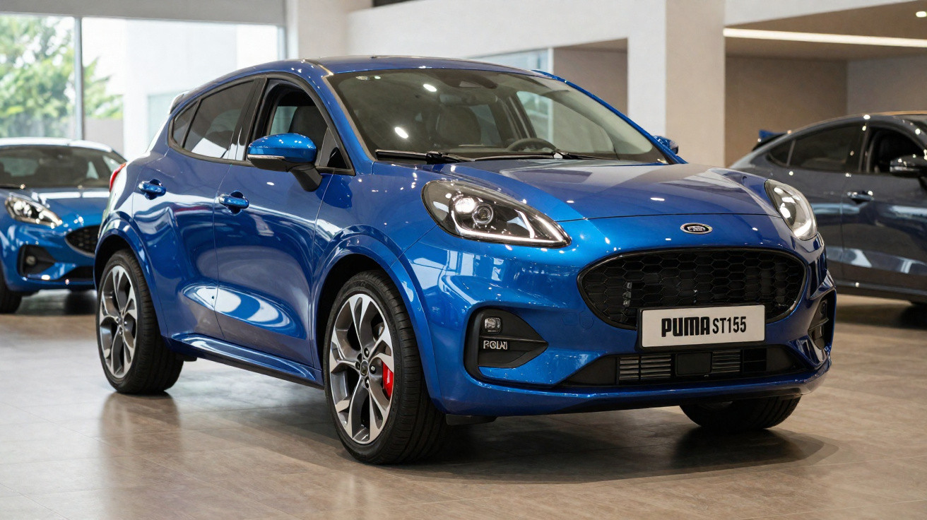 Carro azul Ford Puma ST155 estacionado em showroom com iluminação natural e outros carros ao fundo.