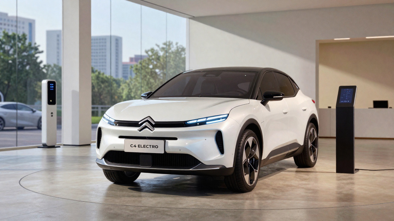 Carro elétrico branco Citroën C4 Electro estacionado em área moderna com estação de recarga.