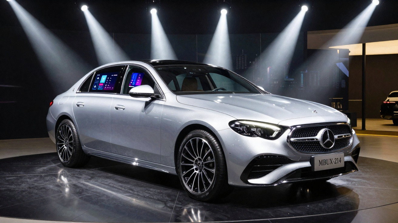 Carro prata Mercedes-Benz sedan exposto em ambiente interno moderno com luzes focais.