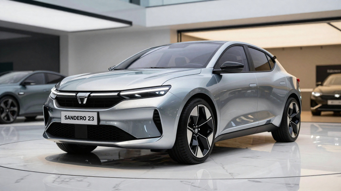 Carro prata Renault Sandero 23 em exposição em showroom moderno com piso e iluminação branca.