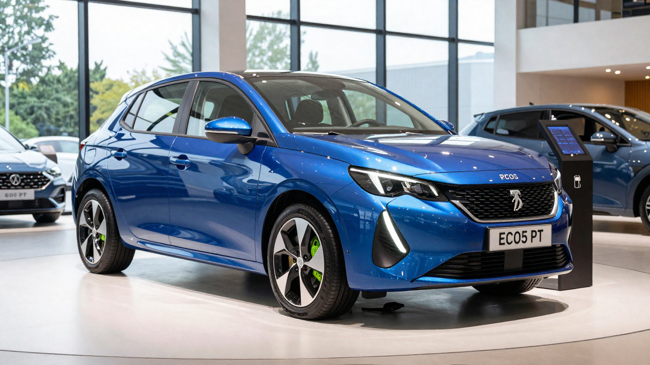 Carro Volkswagen azul modelo hatch exibido em showroom moderno com janelas grandes.
