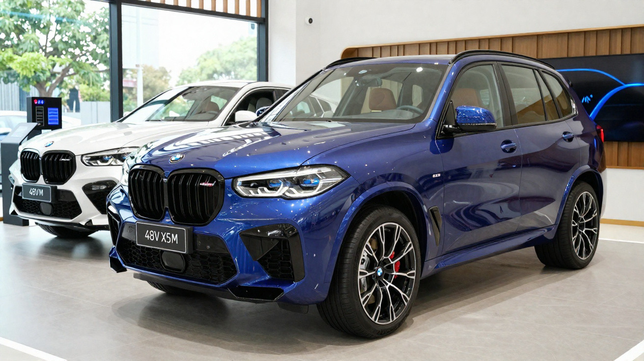 Dois carros BMW X5M, um azul e um branco, exibidos em showroom com iluminação interna.