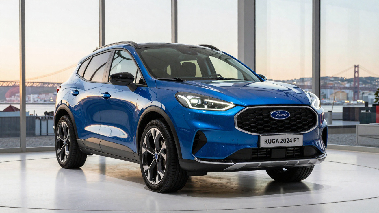 SUV Ford Kuga 2024 azul estacionado em showroom com grandes janelas e vista urbana ao fundo.