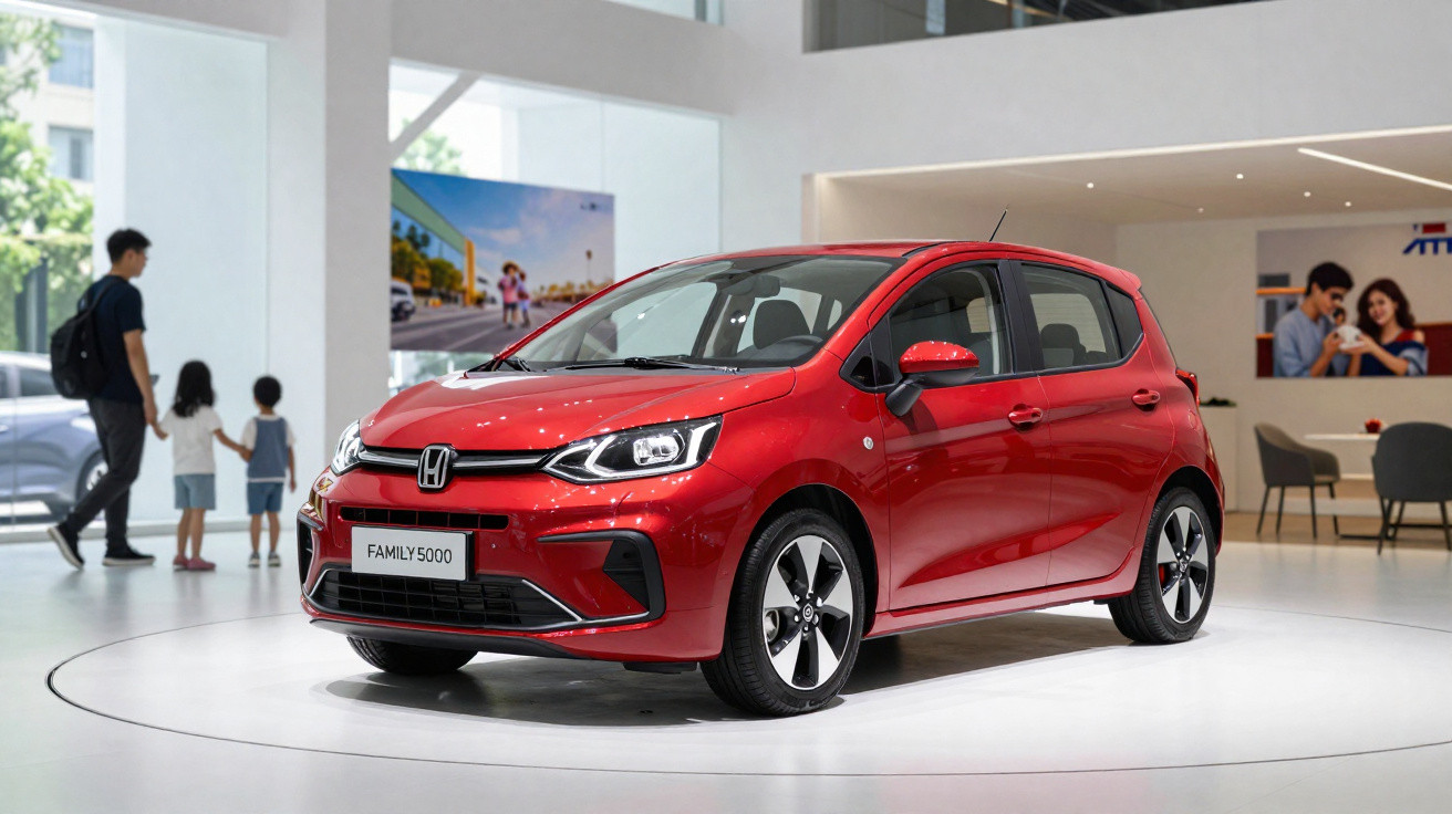 Carro hatchback vermelho Honda Family 5000 em exposição interna com pessoas ao fundo.