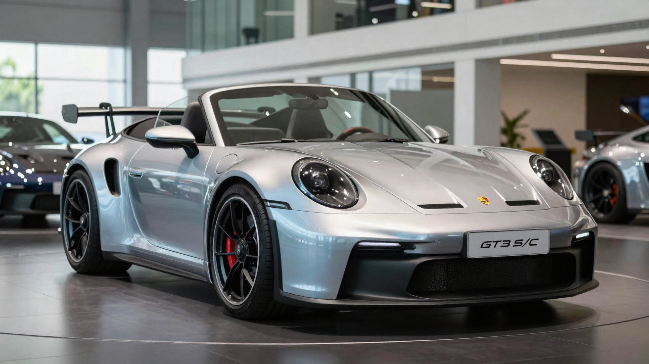 Carro esportivo conversível prata Porsche GT3 S/C em exposição dentro de showroom moderno.