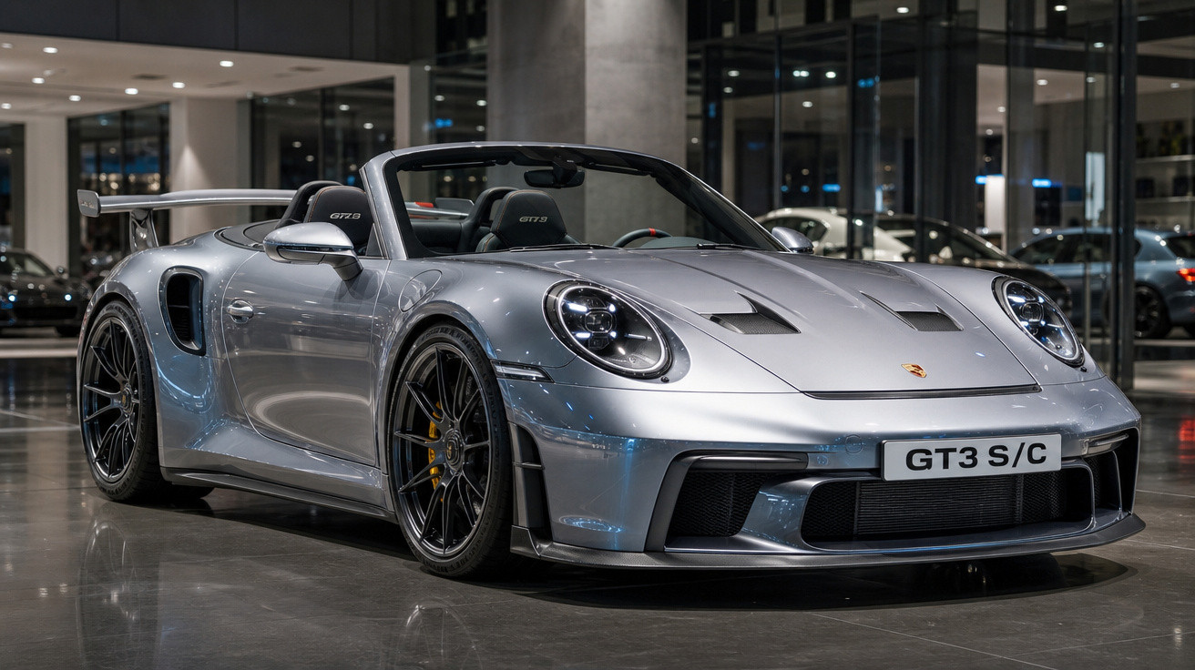 Carro esportivo conversível prata Porsche GT3 S/C em exposição interna com rodas pretas e detalhes aerodinâmicos.