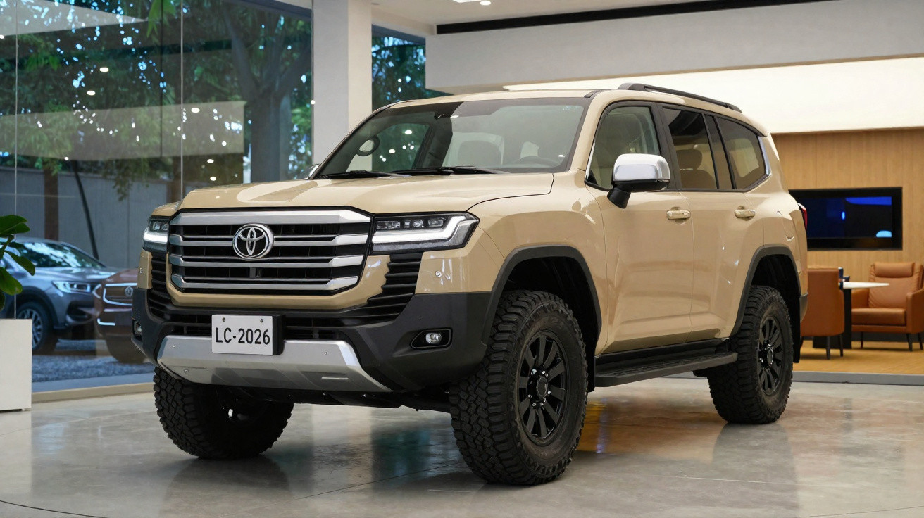 SUV Toyota Land Cruiser 2023 bege exibido em showroom moderno com piso brilhante e iluminação interna.