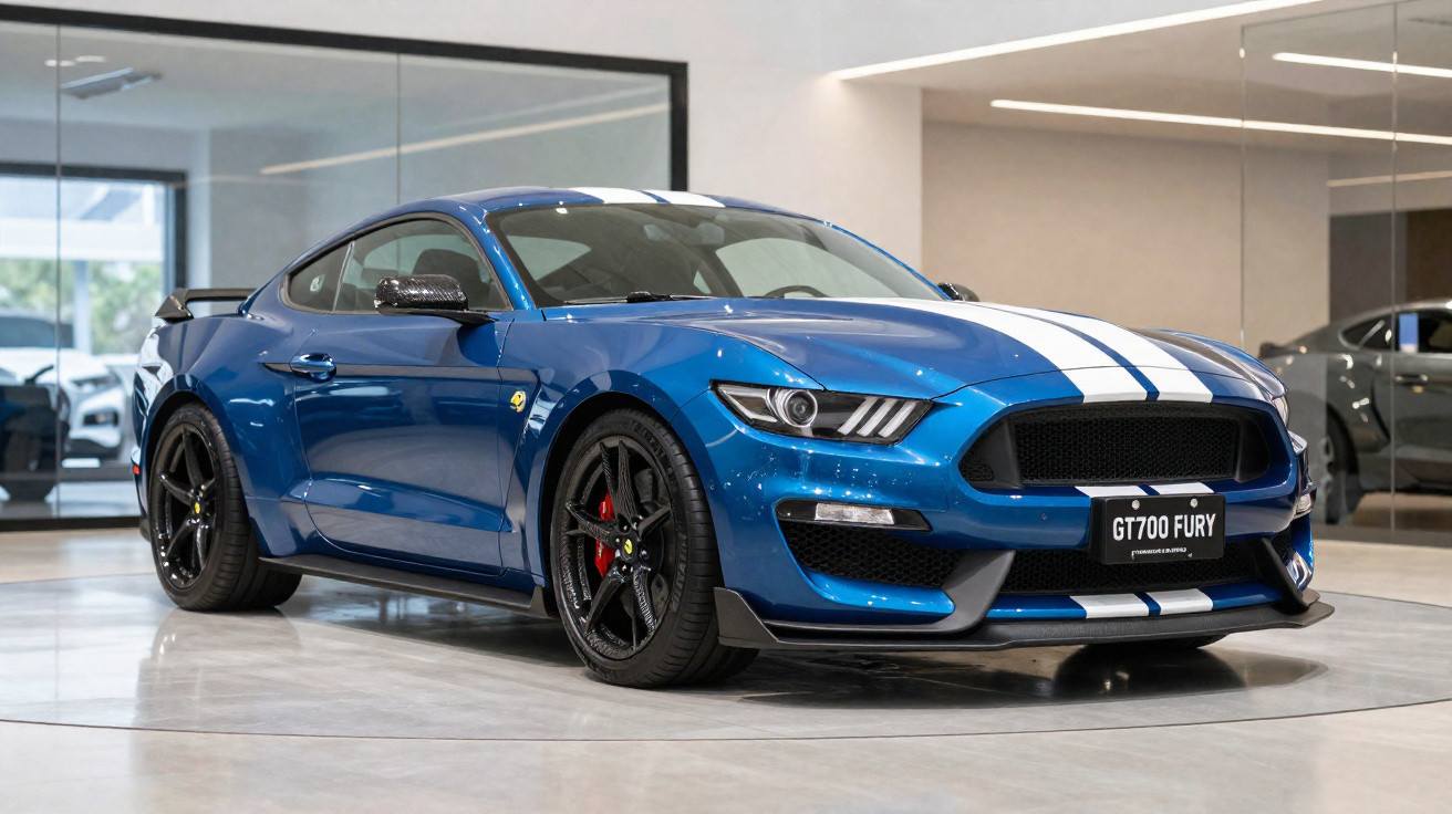 Carro esportivo azul com faixas brancas estacionado em showroom moderno com piso claro e paredes espelhadas.