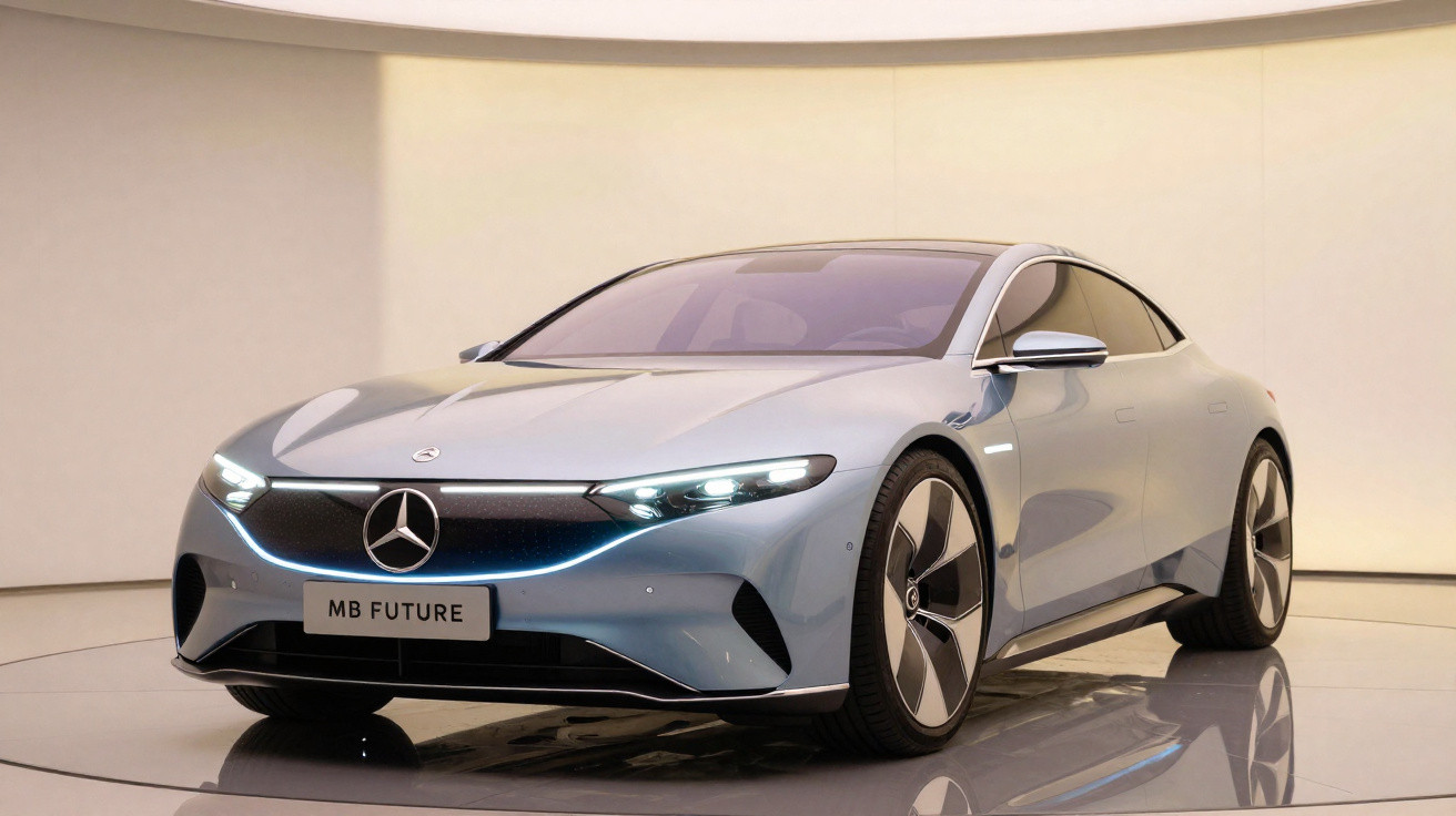Carro elétrico Mercedes-Benz MB Future prata exposto em ambiente minimalista com iluminação suave.