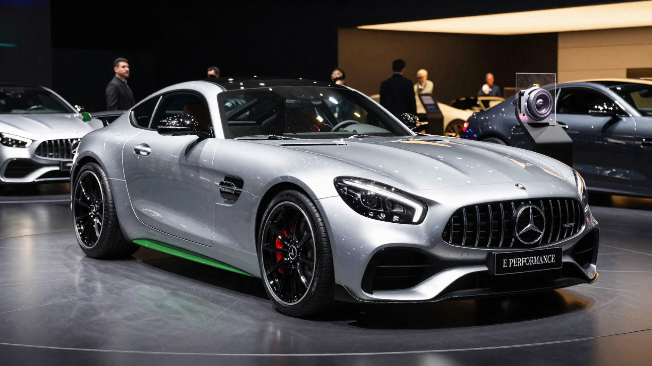 Carro esportivo Mercedes-Benz prata exibido em showroom com pessoas ao fundo.