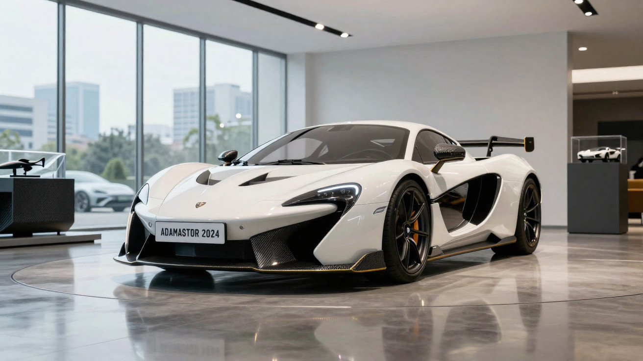 Carro esportivo branco Adamastor 2024 exibido em salão moderno com piso espelhado.