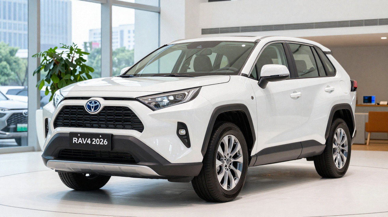 SUV branco Toyota RAV4 2026 em exposição dentro de showroom moderno e bem iluminado.