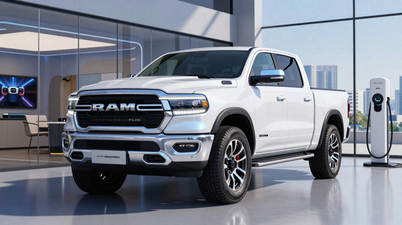 Picape branca RAM 1500 Turbo híbrida plug-in em showroom moderno com carregador elétrico ao fundo.