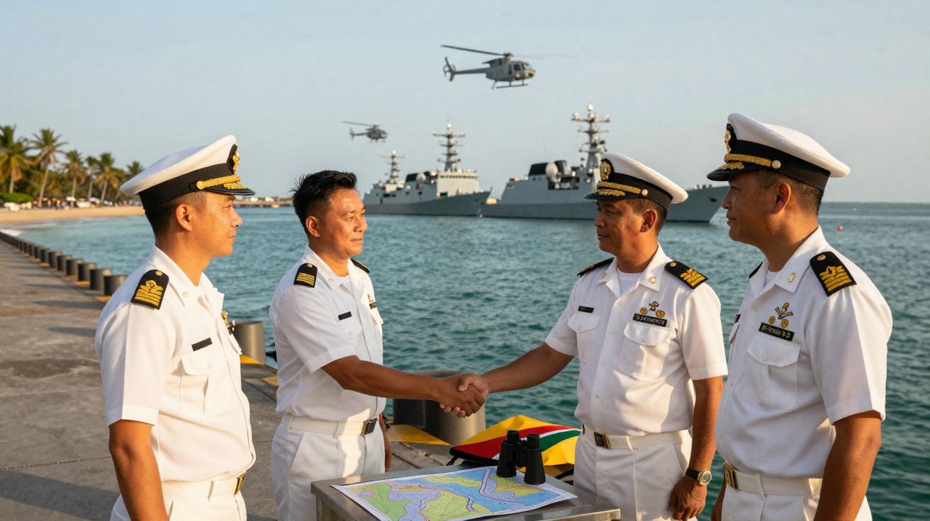 Quatro oficiais da marinha em uniforme branco apertam as mãos em um cais com navios e helicópteros ao fundo.