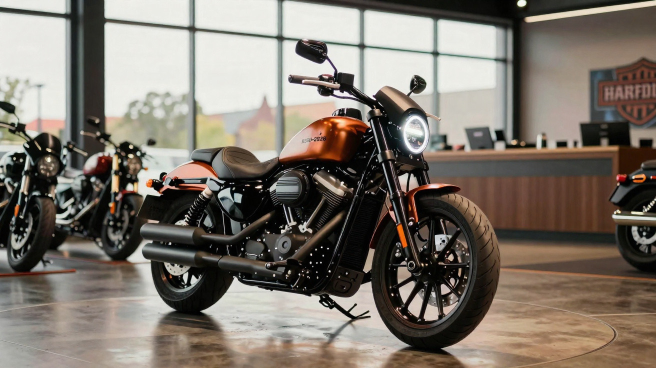 Motocicleta Harley-Davidson de cor cobre com detalhes pretos em showroom moderno e iluminado.